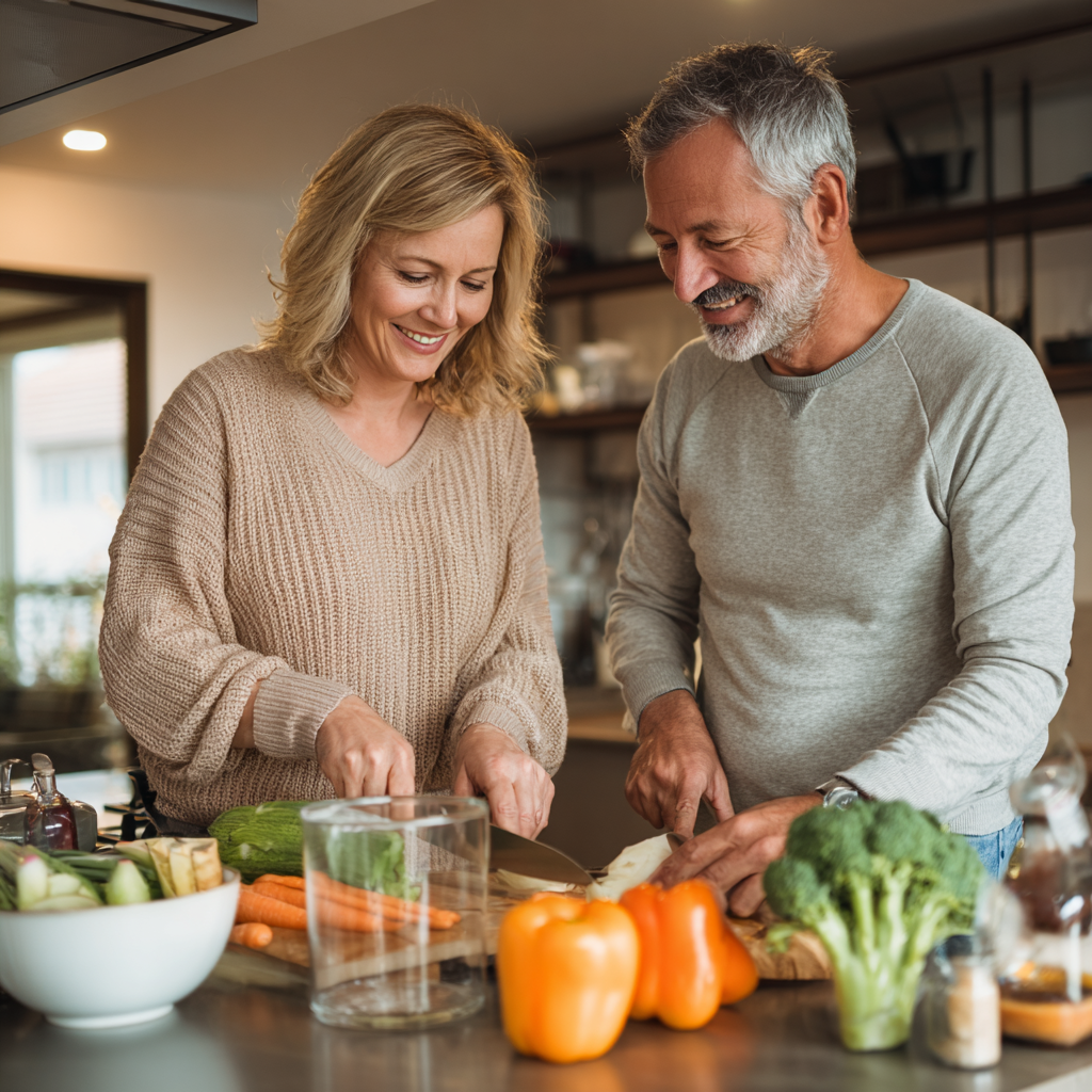 Middle-aged couple preparing nutritious meal together in modern kitchen