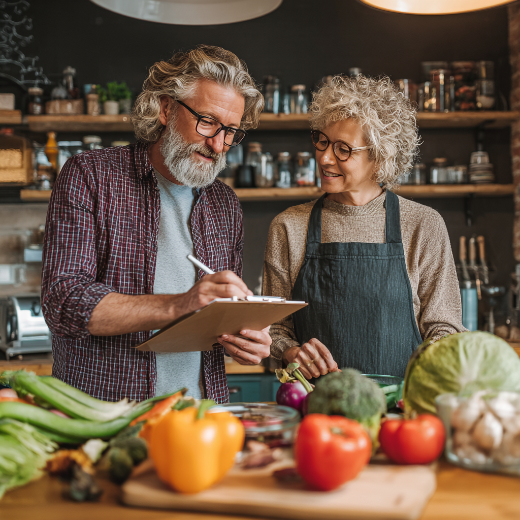 Middle-aged nutritionist consulting with a senior adult about healthy meal planning